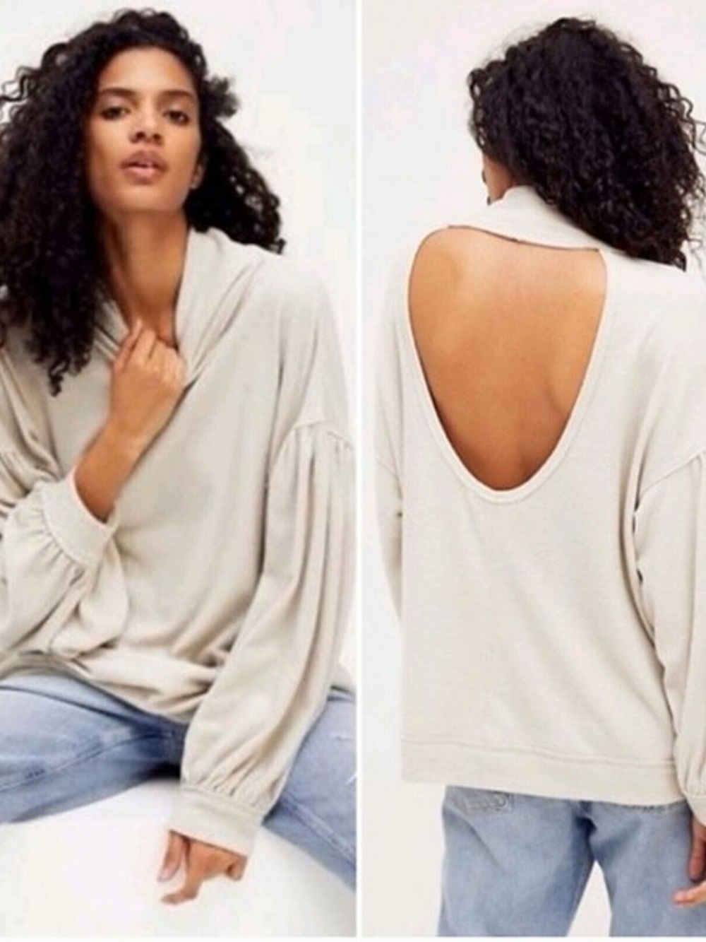 Free People We The Free Winnie Stone Grey Ribbed Turtleneck Cutout Back Top M